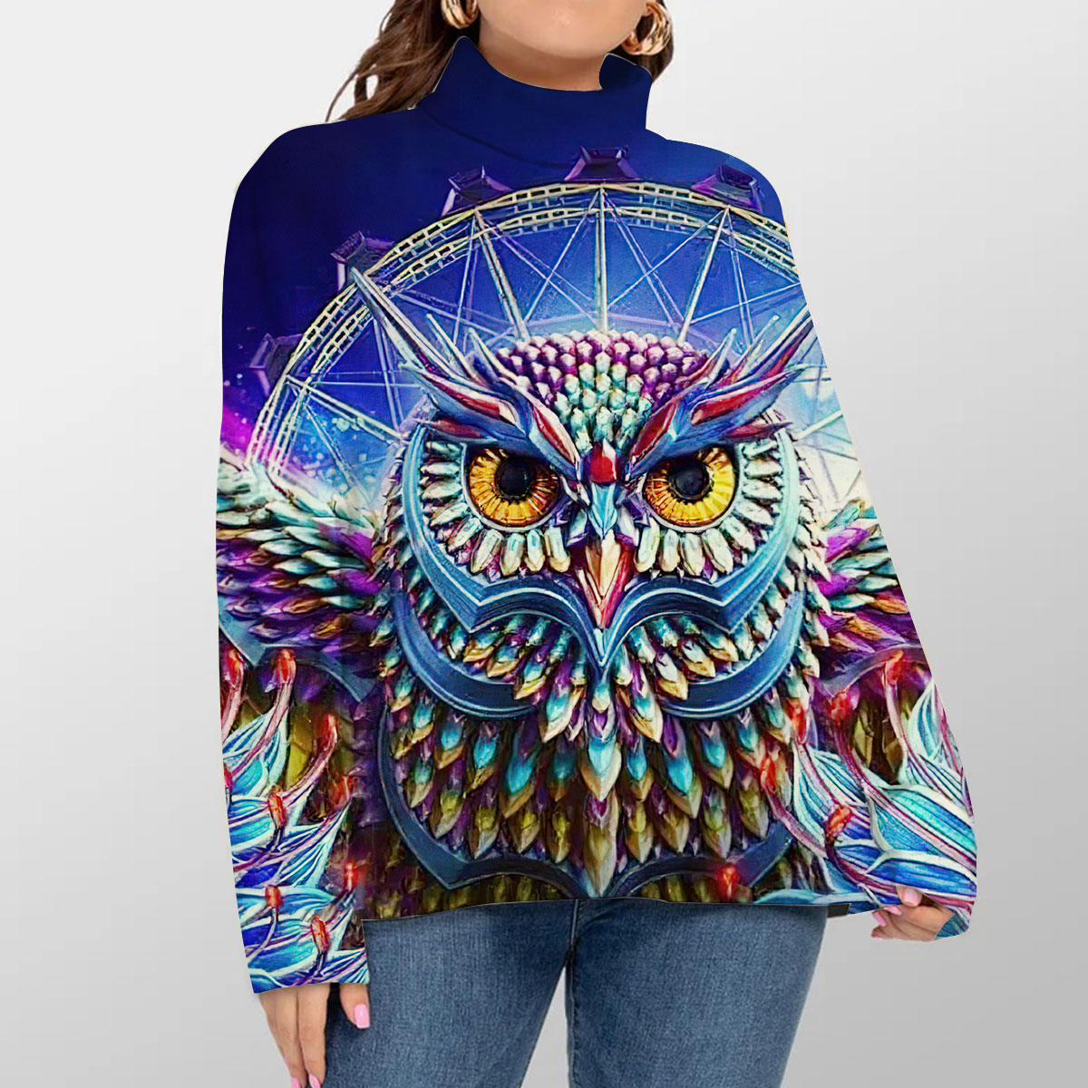 Colorful Diamond Owl Turtleneck Sweater