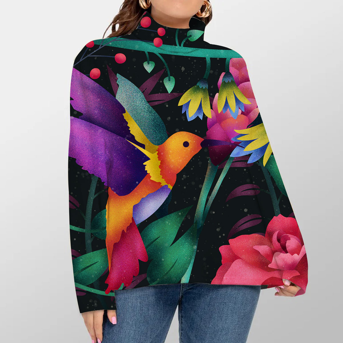 Colorful Humming Bird Turtleneck Sweater
