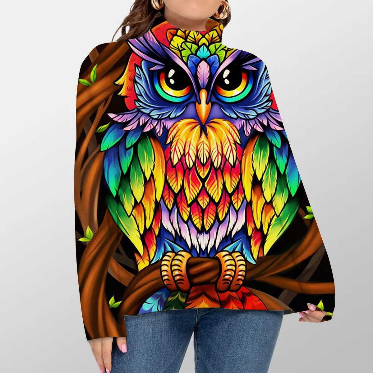 Colorful Owl Turtleneck Sweater