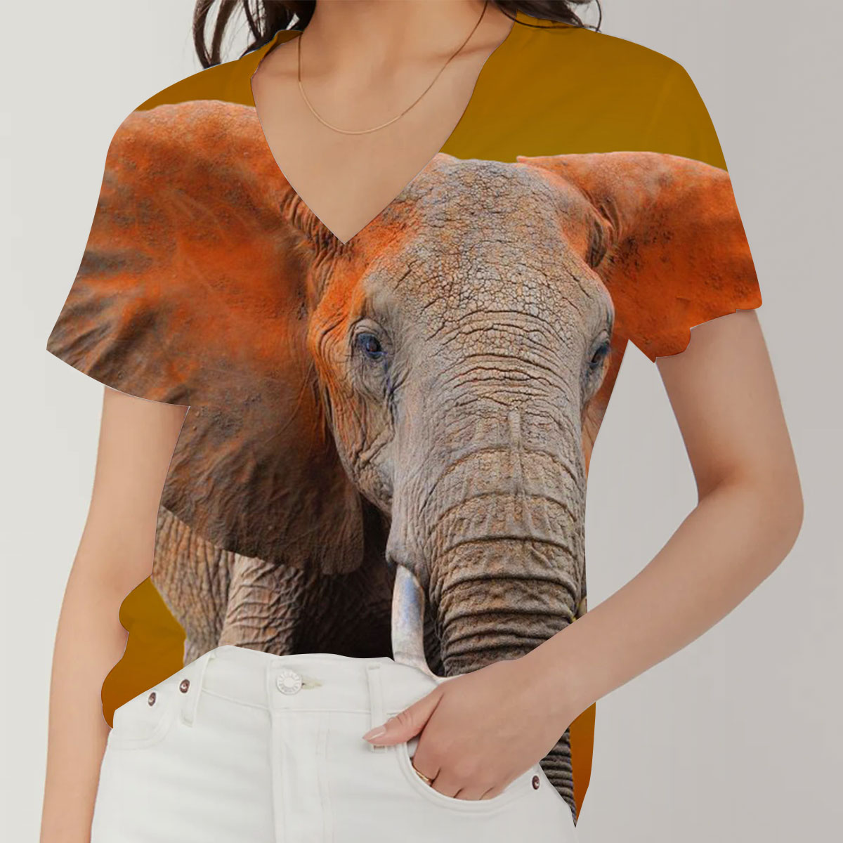 Brown Wild Elephant V-Neck Women's T-Shirt