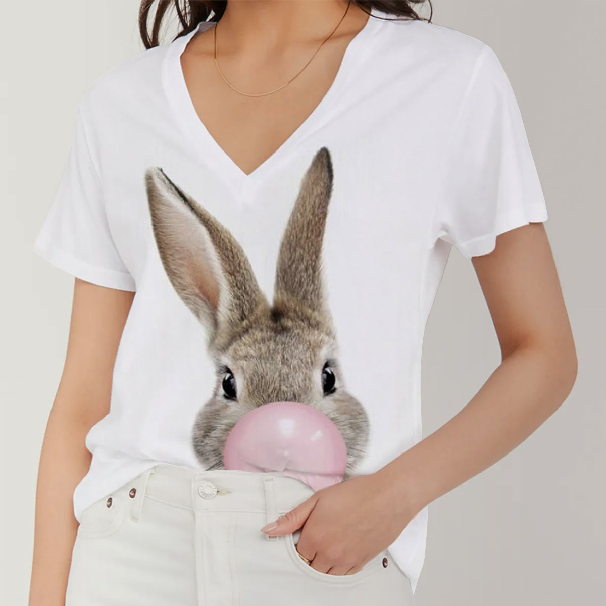 Bubblegum Bunny V-Neck Women's T-Shirt