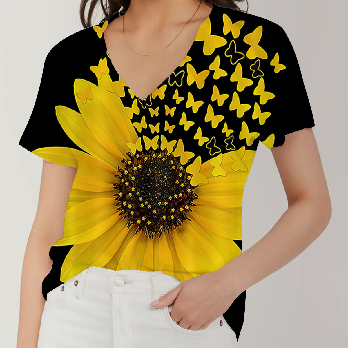 Butterfy And Nature Sunflower V-Neck Women's T-Shirt
