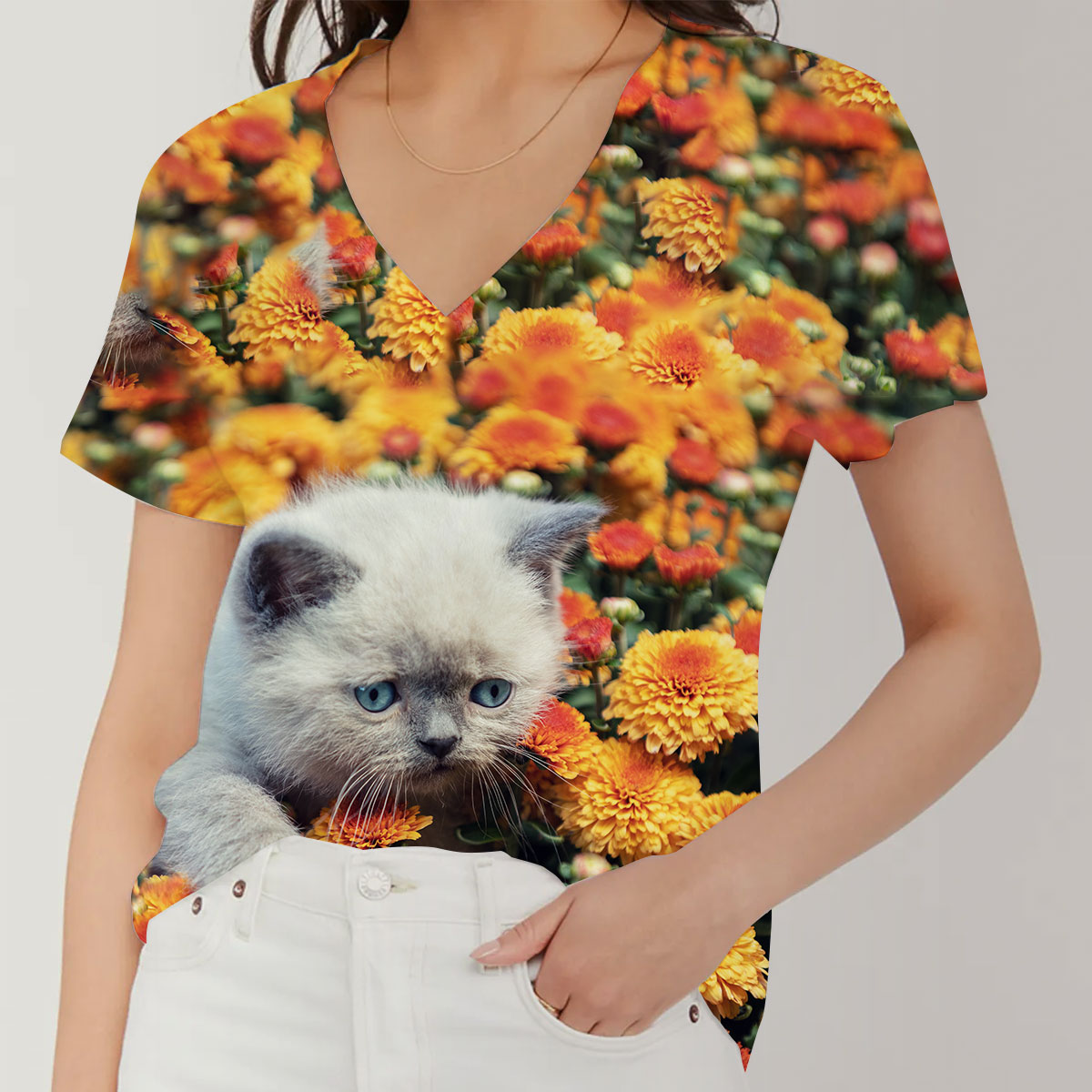 Cat And Flower V-Neck Women's T-Shirt