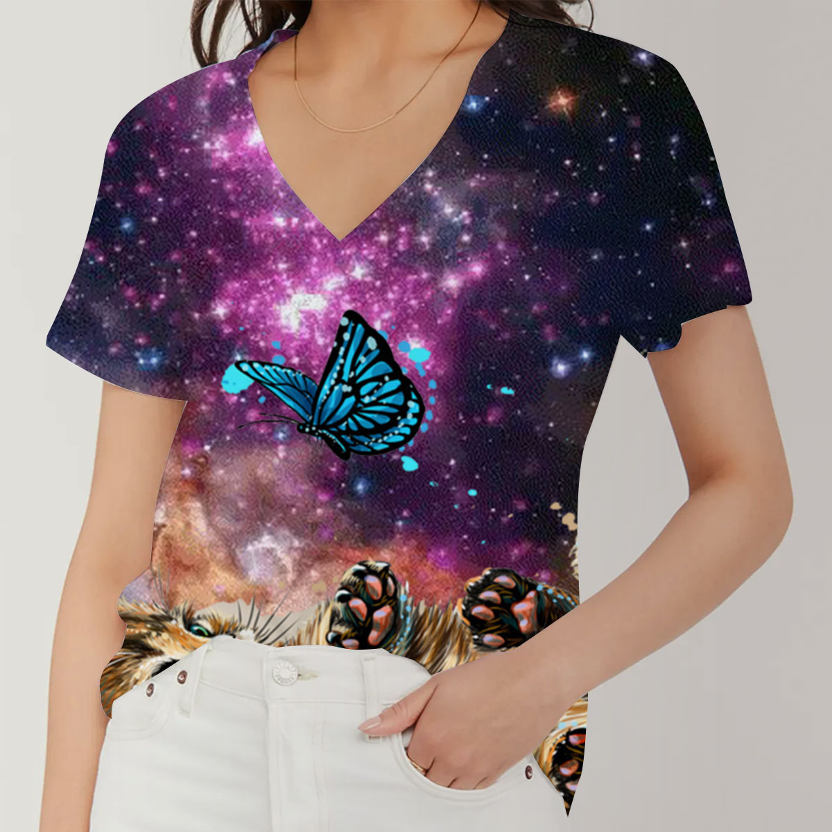 Cat With Butterfly V-Neck Women's T-Shirt