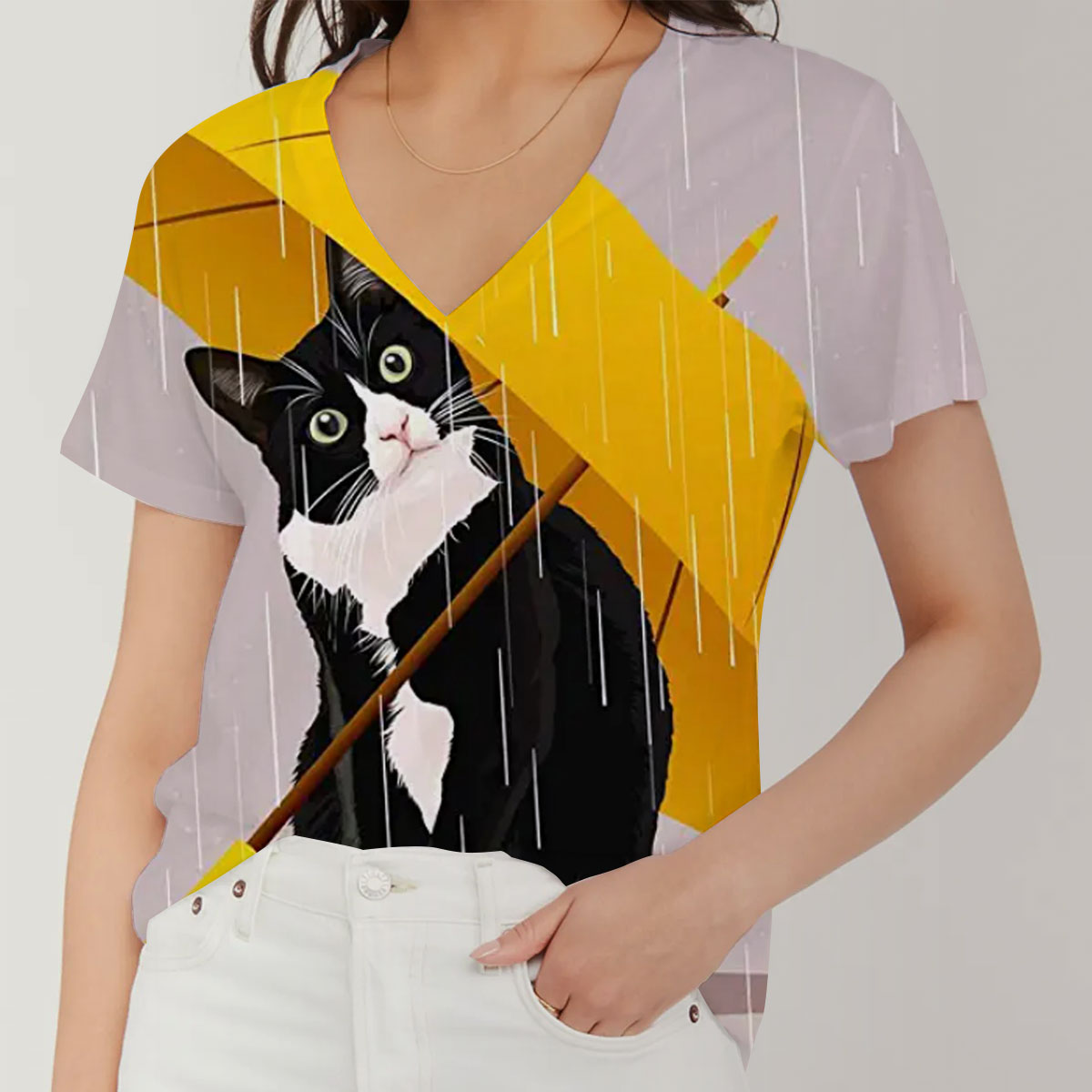 Cat With Umbrella V-Neck Women's T-Shirt