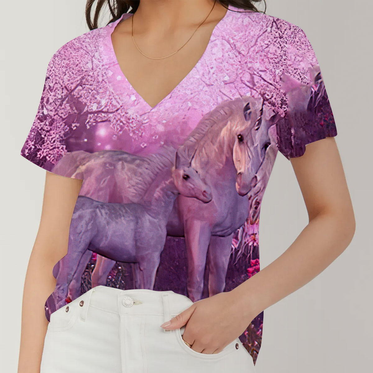 Cherry Blossom Unicorn V-Neck Women's T-Shirt