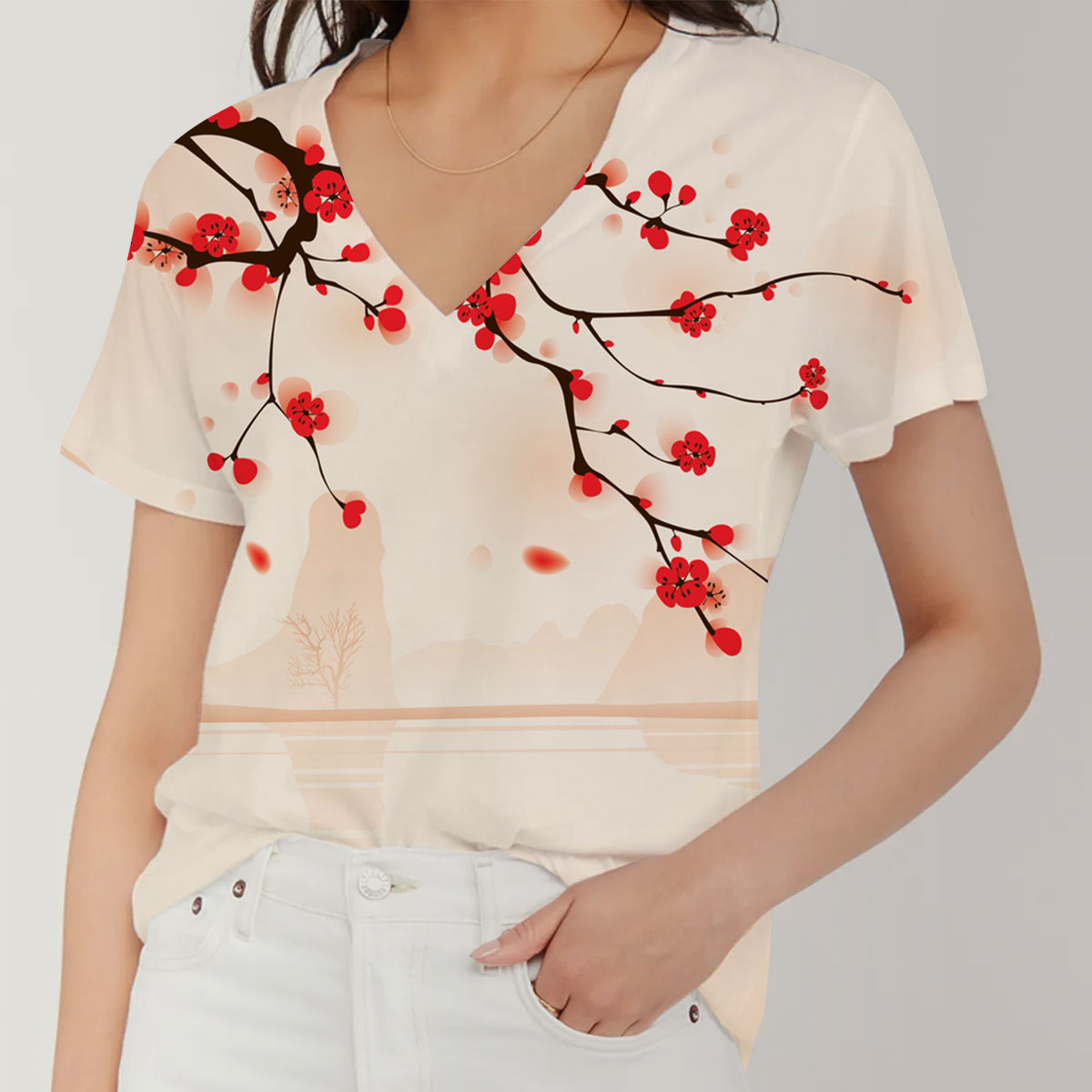 Cherry Blossom V-Neck Women's T-Shirt