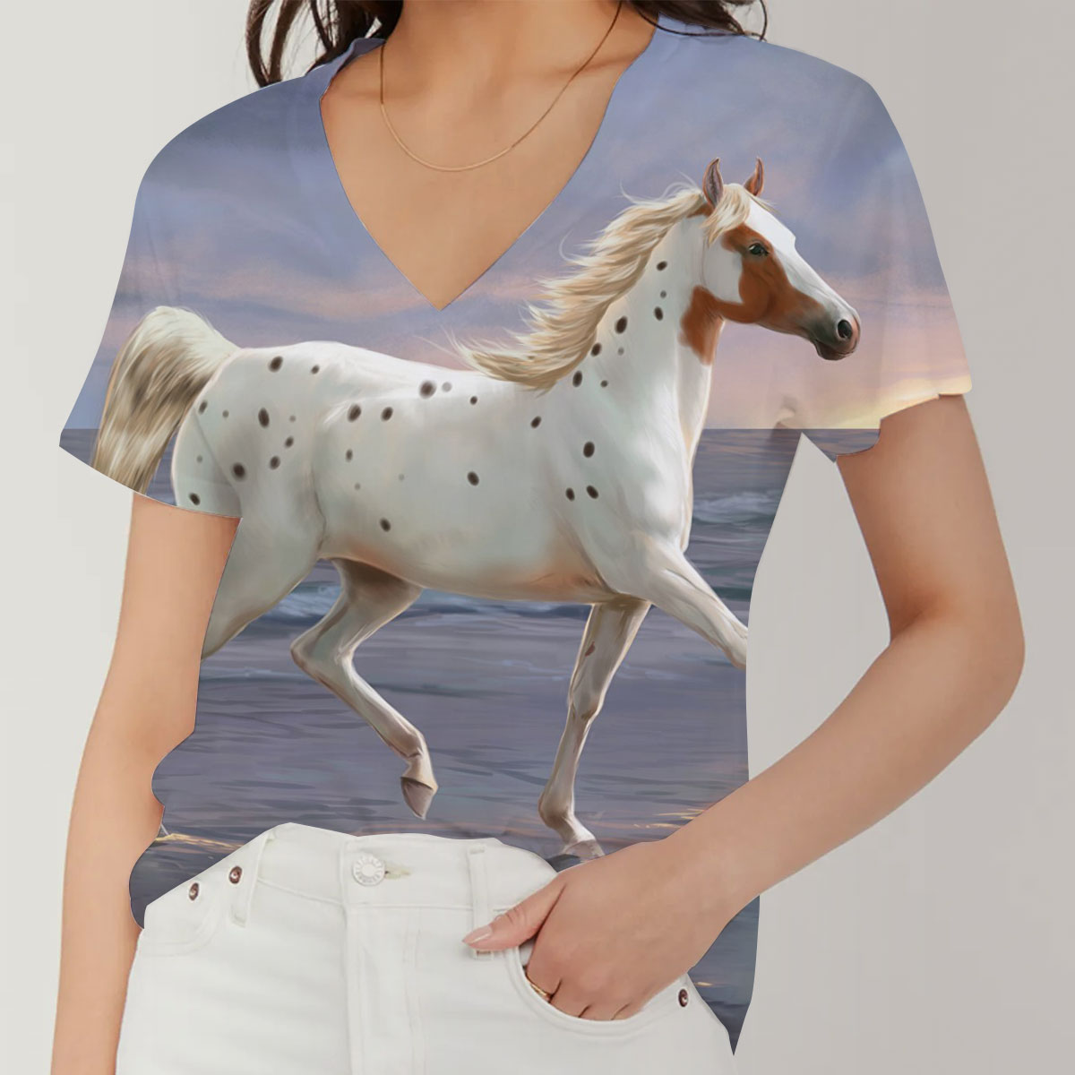 Classic White Horse V-Neck Women's T-Shirt