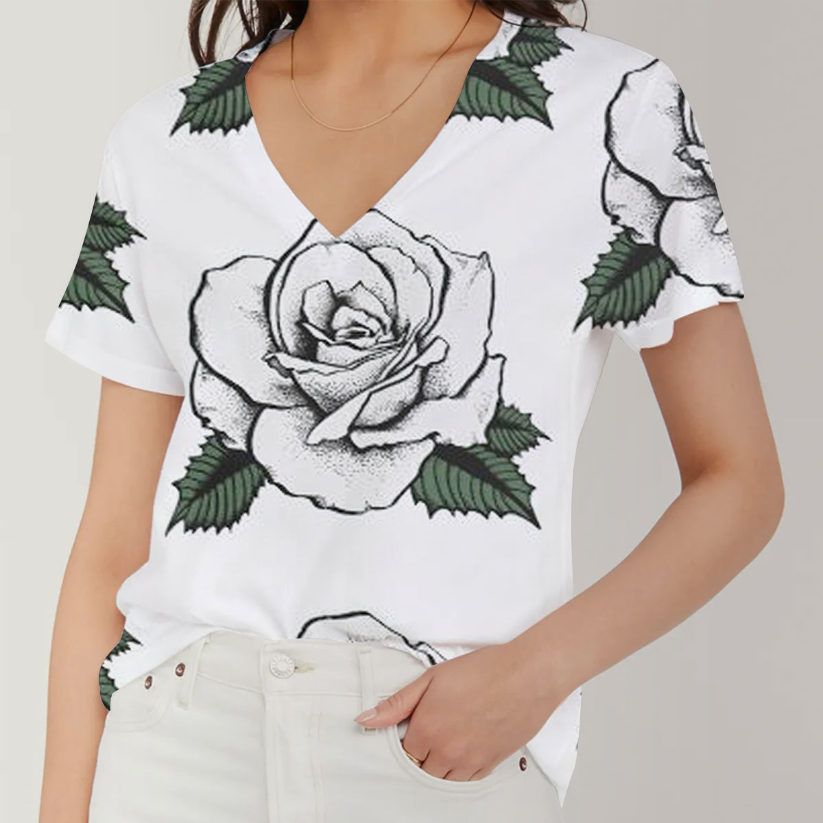 Classic White Rose V-Neck Women's T-Shirt