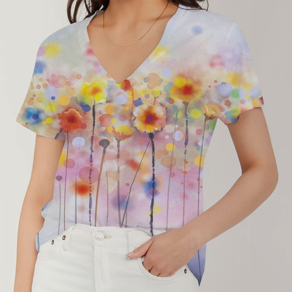 Color Dreamy Flower V-Neck Women's T-Shirt