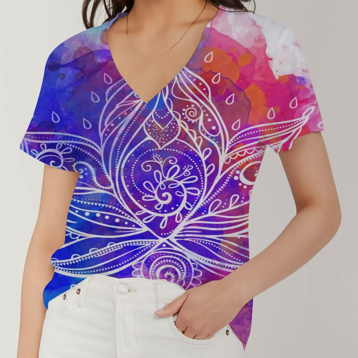 Colorful Boho Lotus V-Neck Women's T-Shirt