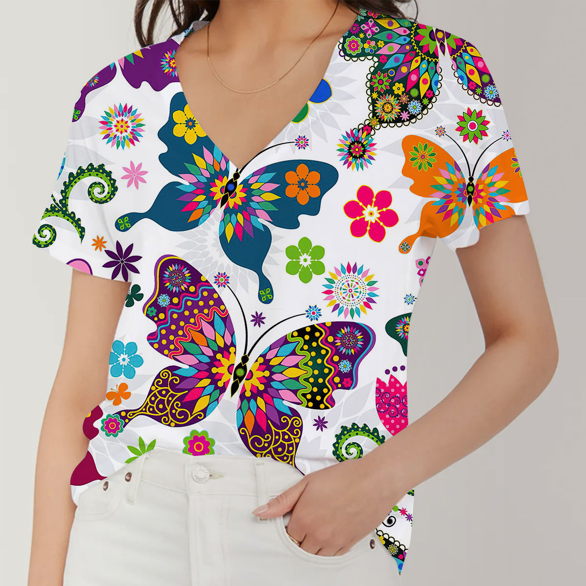 Colorful Butterfly Floral V-Neck Women's T-Shirt