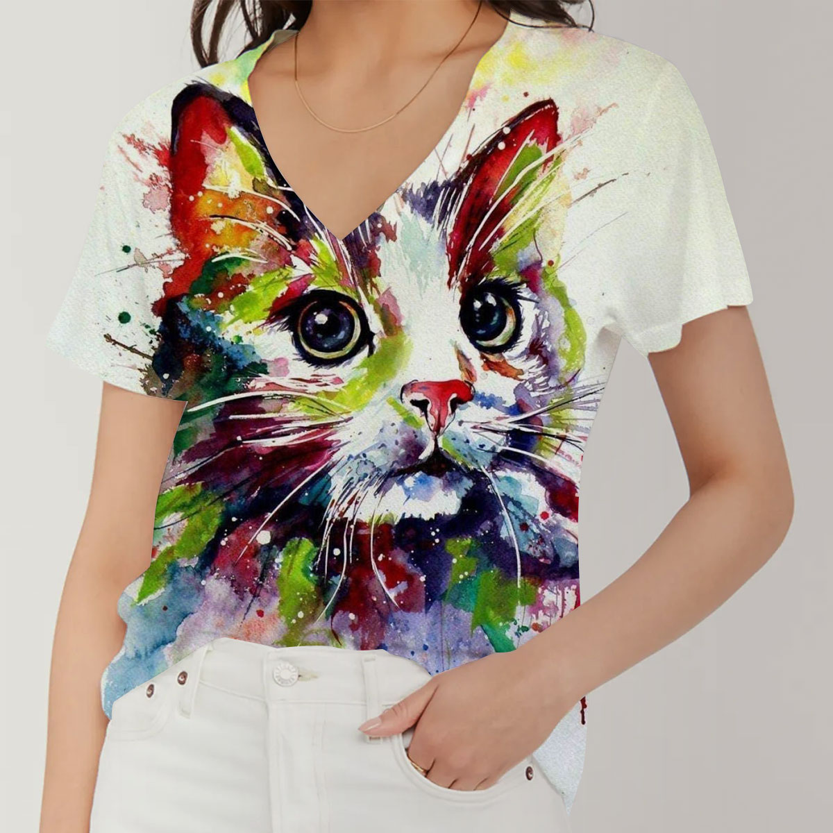 Colorful Cat V-Neck Women's T-Shirt