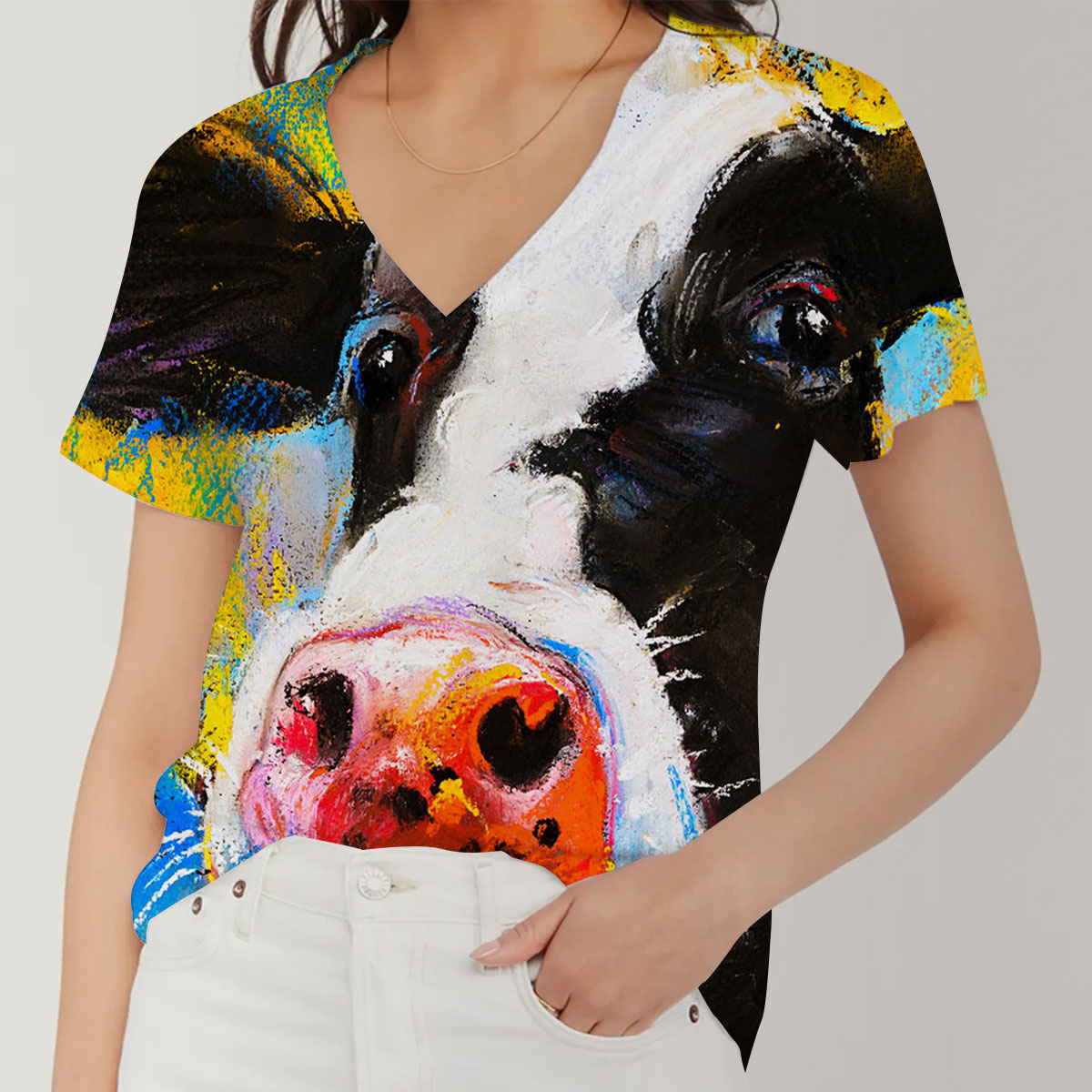 Colorful Cow V-Neck Women's T-Shirt