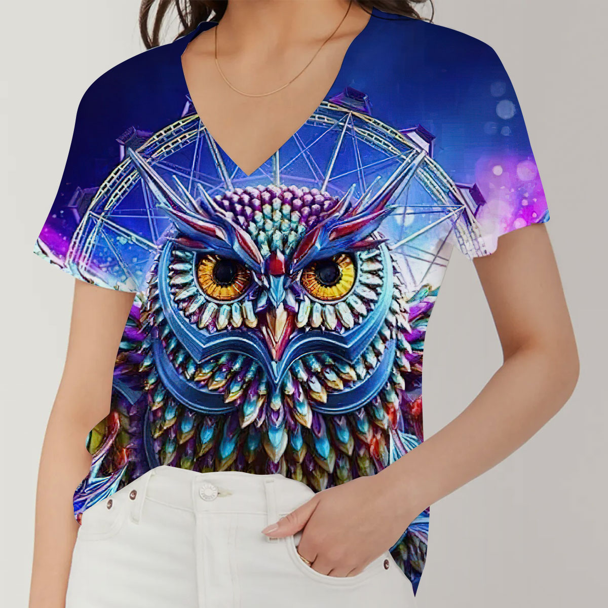Colorful Diamond Owl V-Neck Women's T-Shirt