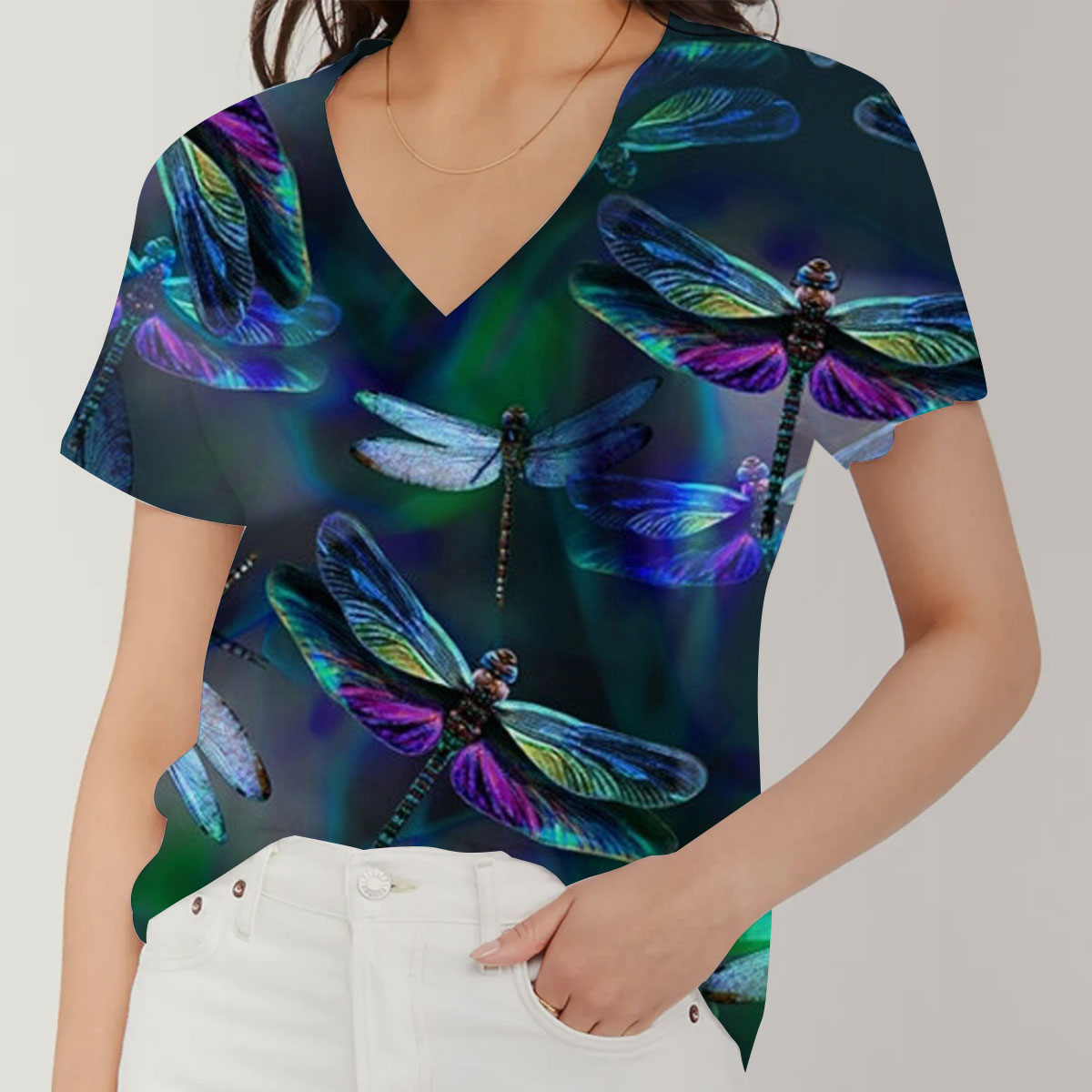 Colorful Dragonfly V-Neck Women's T-Shirt
