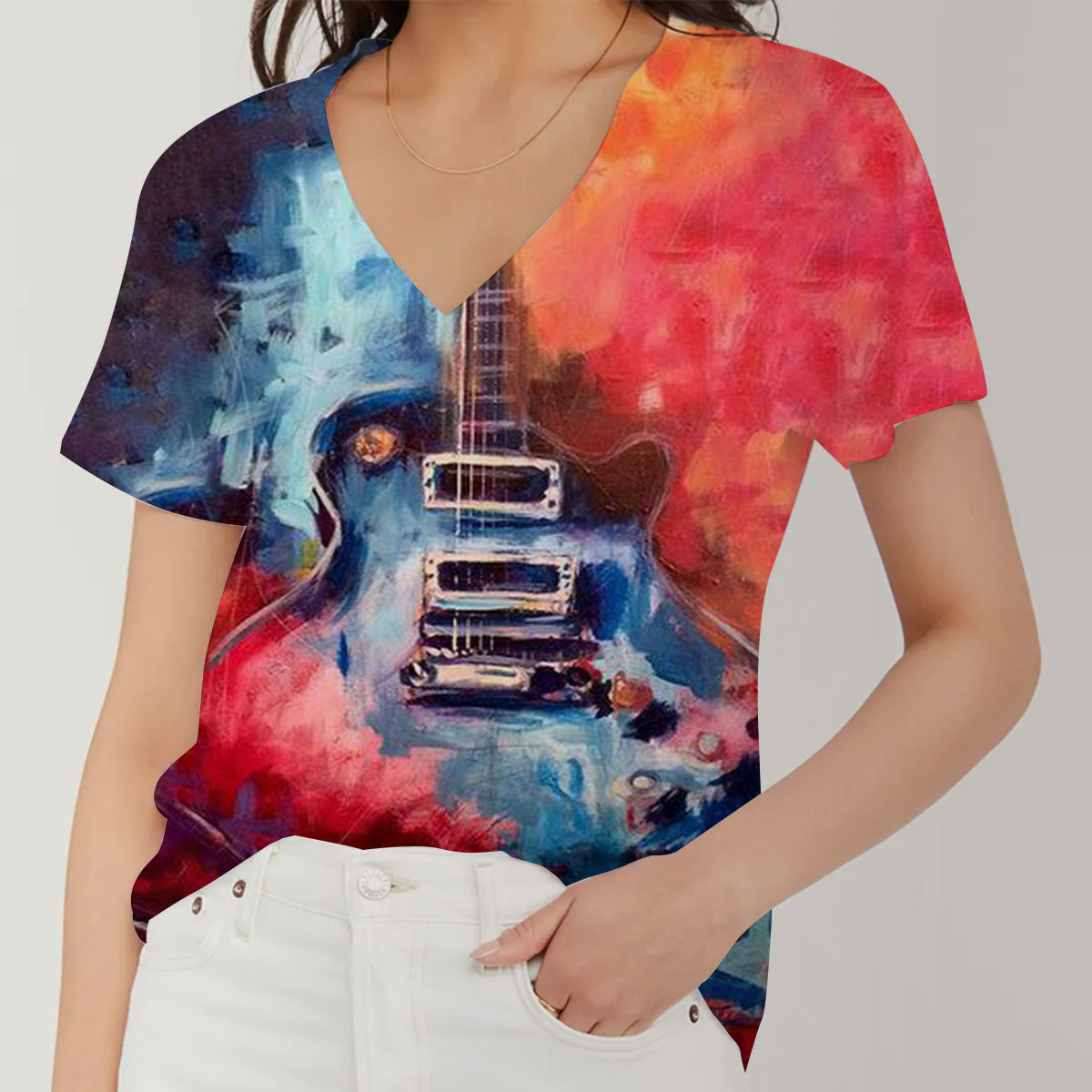 Colorful Guitar V-Neck Women's T-Shirt