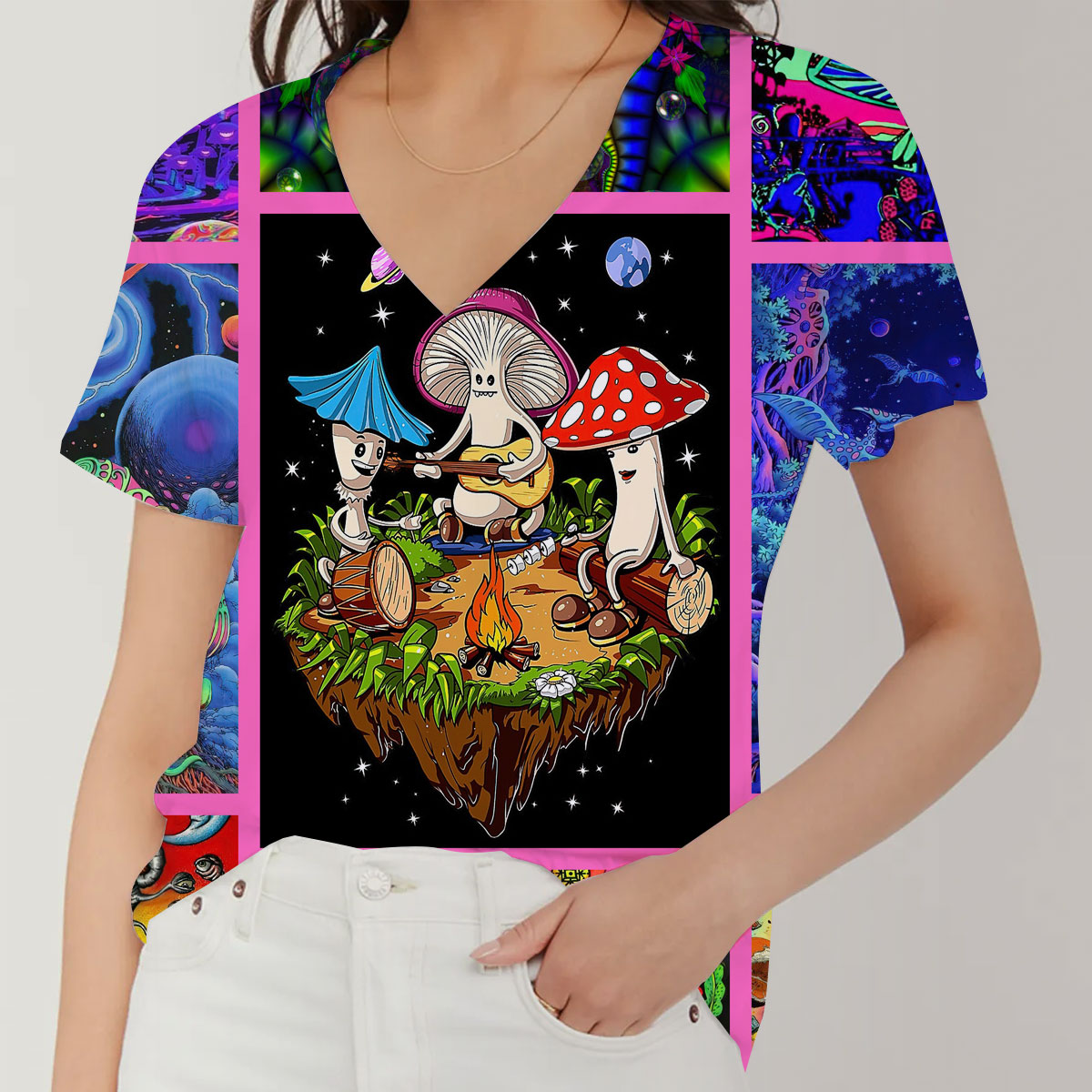 Colorful Hippie Mushroom V-Neck Women's T-Shirt