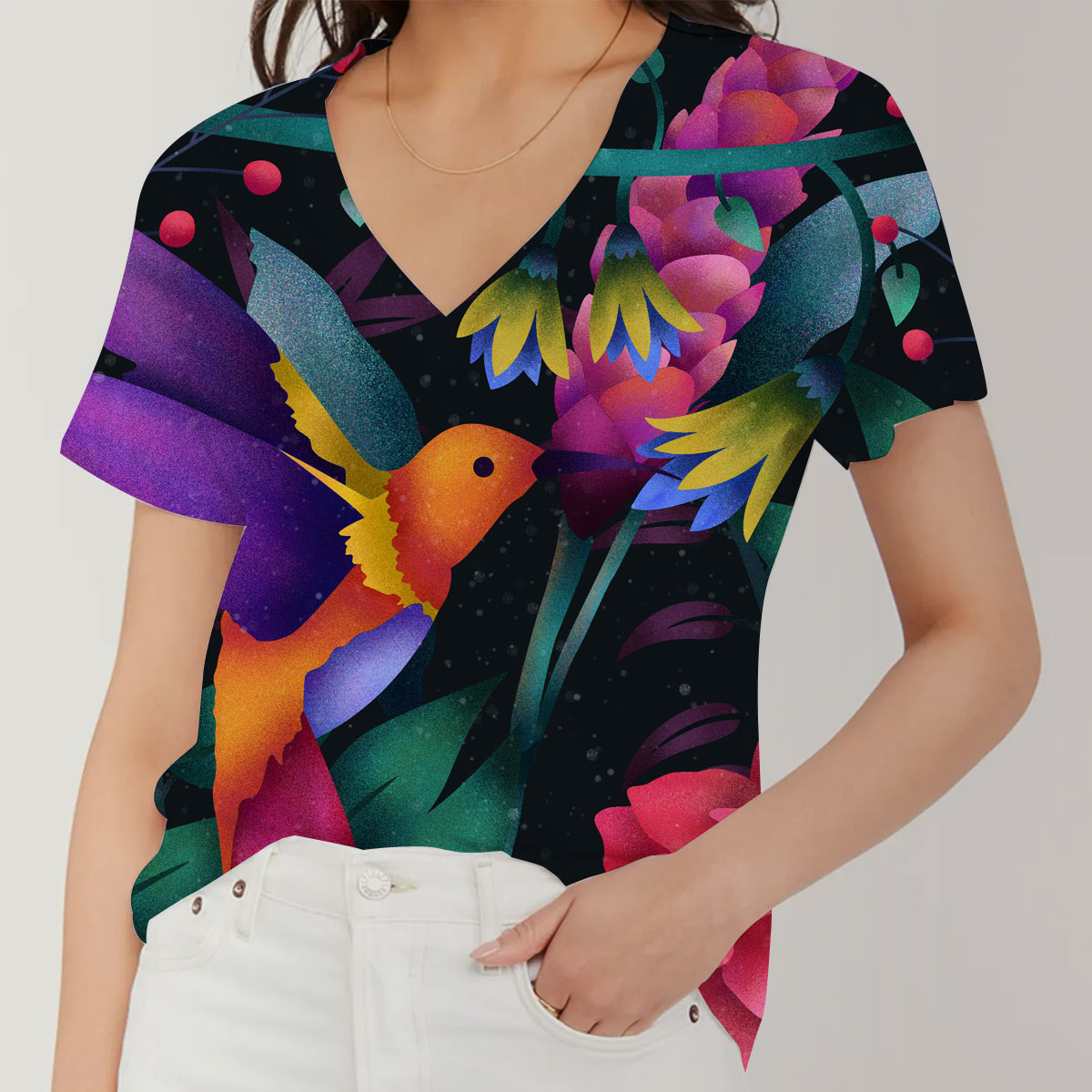 Colorful Humming Bird V-Neck Women's T-Shirt