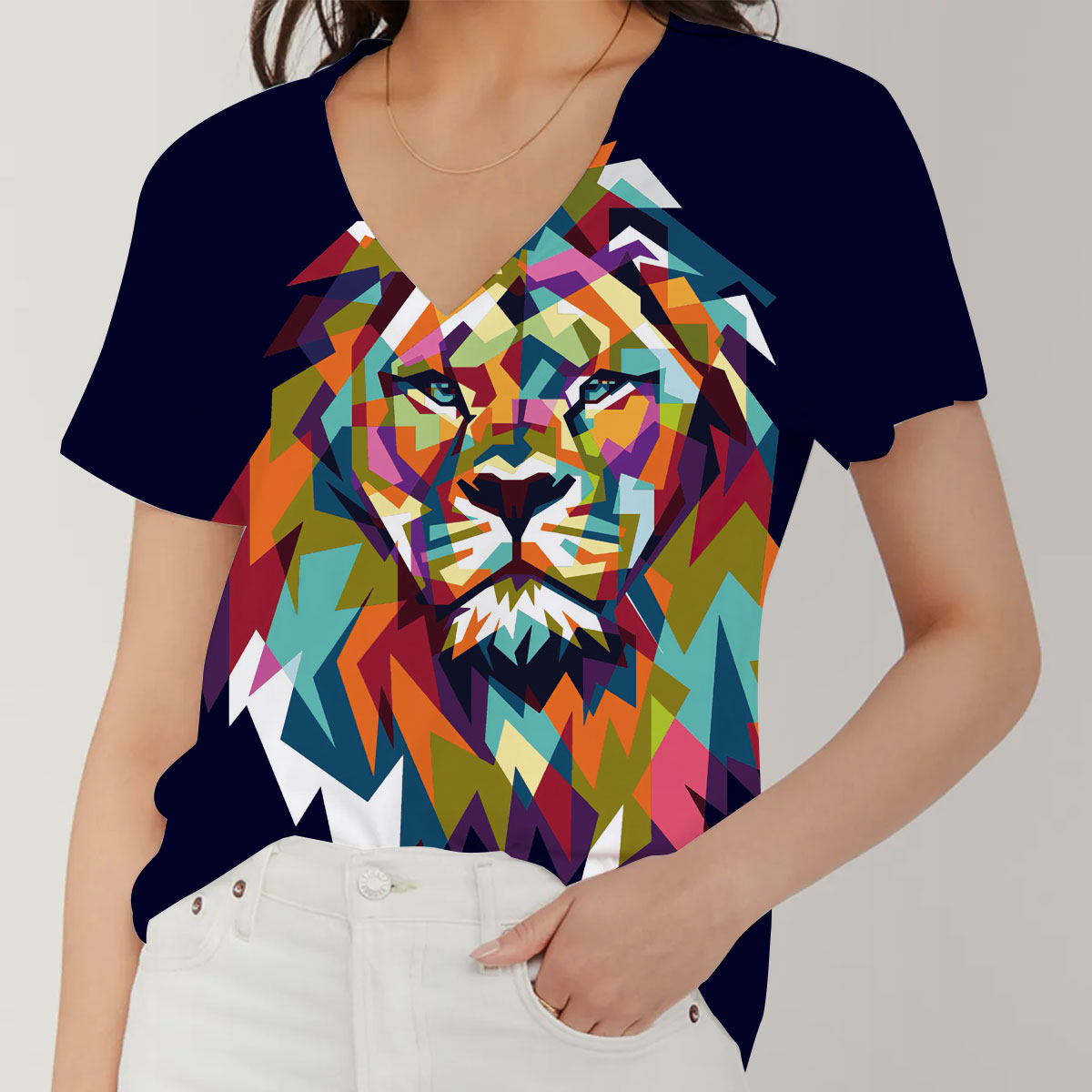 Colorful Lion V-Neck Women's T-Shirt