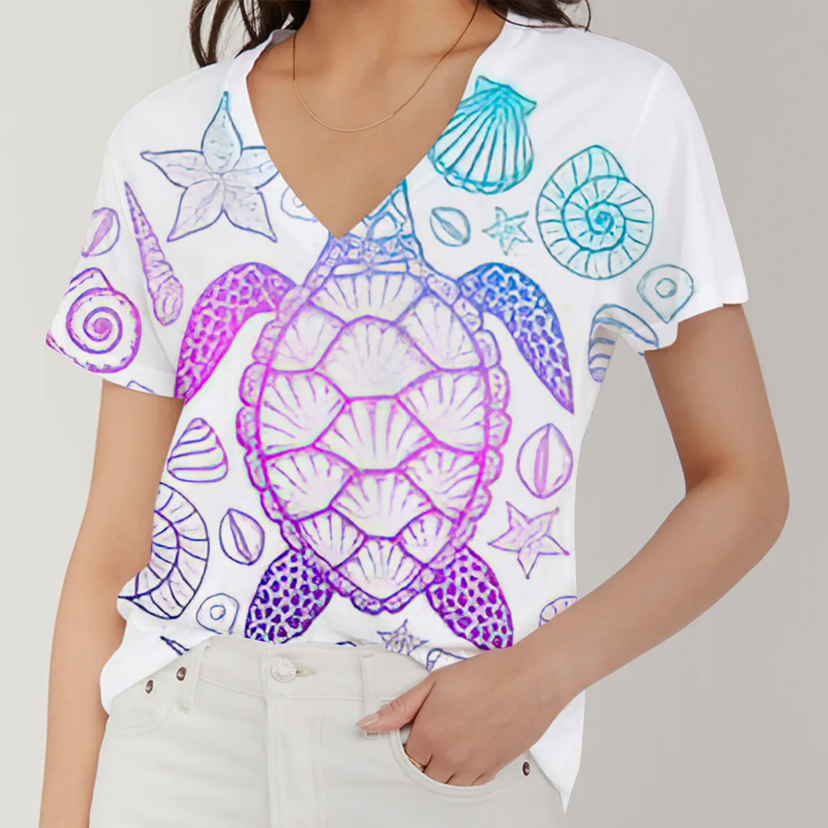 Colorful Marine Turtle V-Neck Women's T-Shirt