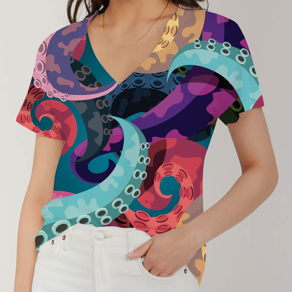 Colorful Octopus V-Neck Women's T-Shirt