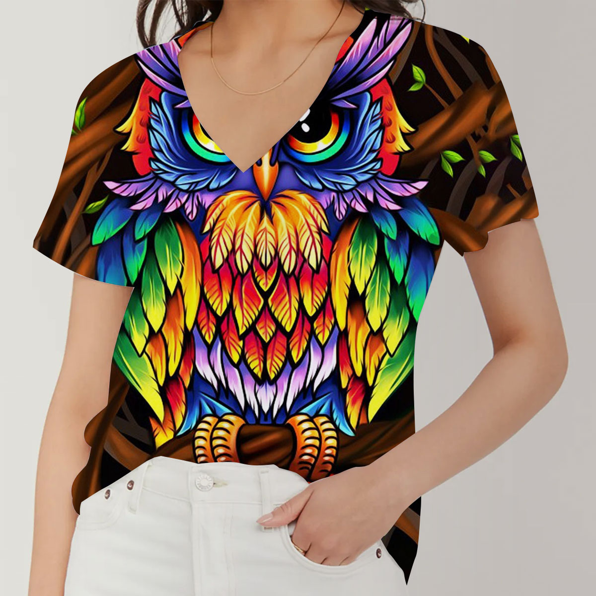 Colorful Owl V-Neck Women's T-Shirt