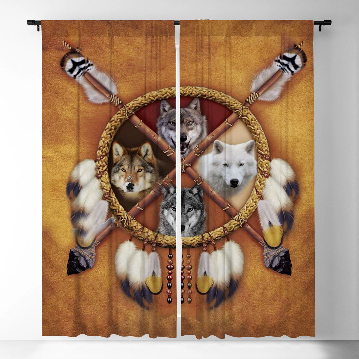 Brown Wolf DreamCatcher Native American Window Curtain