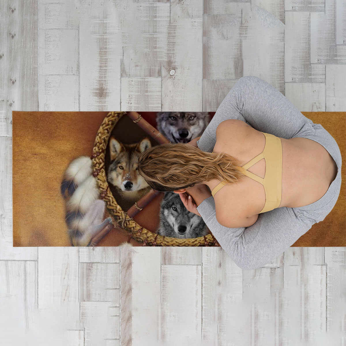 Brown Wolf DreamCatcher Native American Yoga Mat