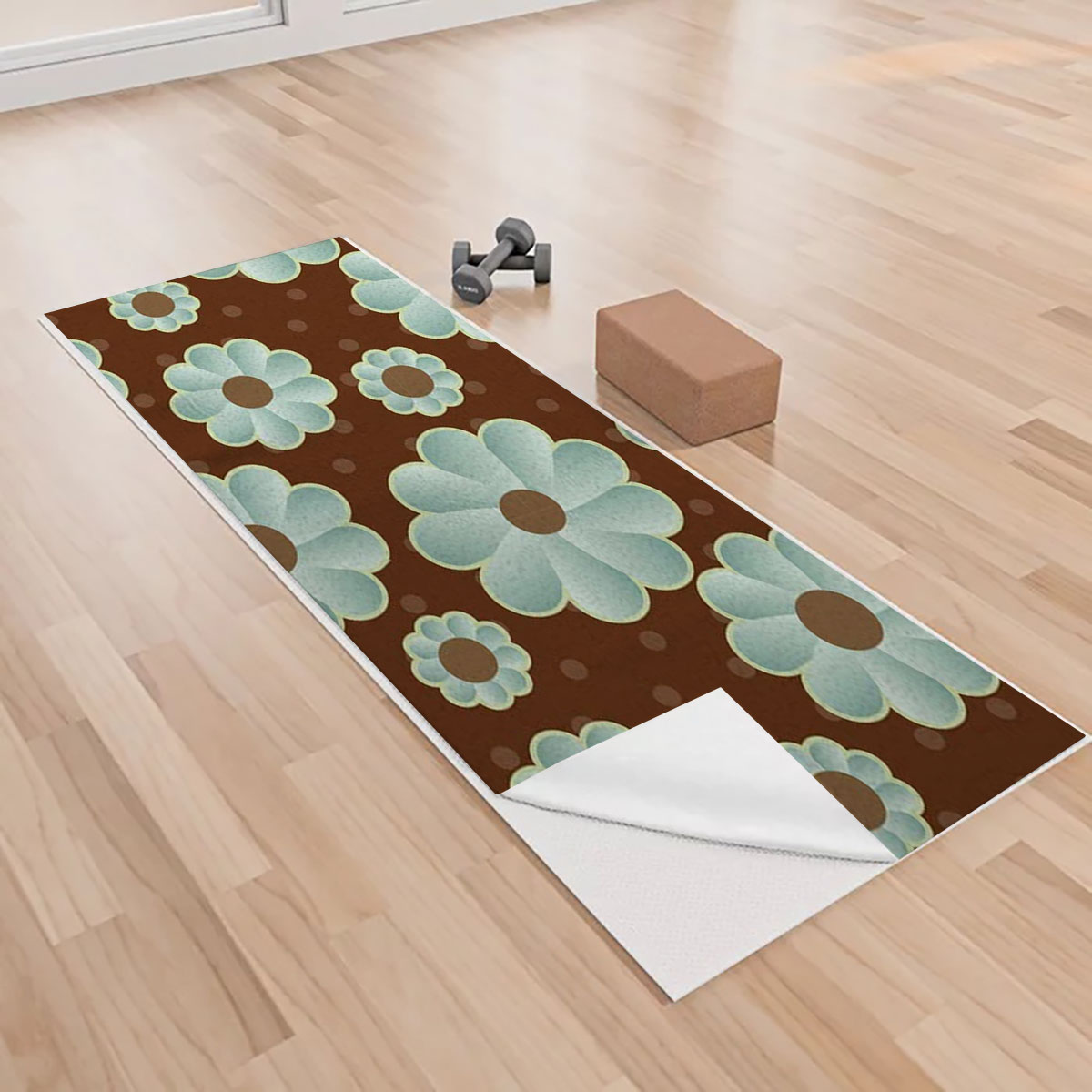 Brown And Blue Retro Daisy Yoga Towels