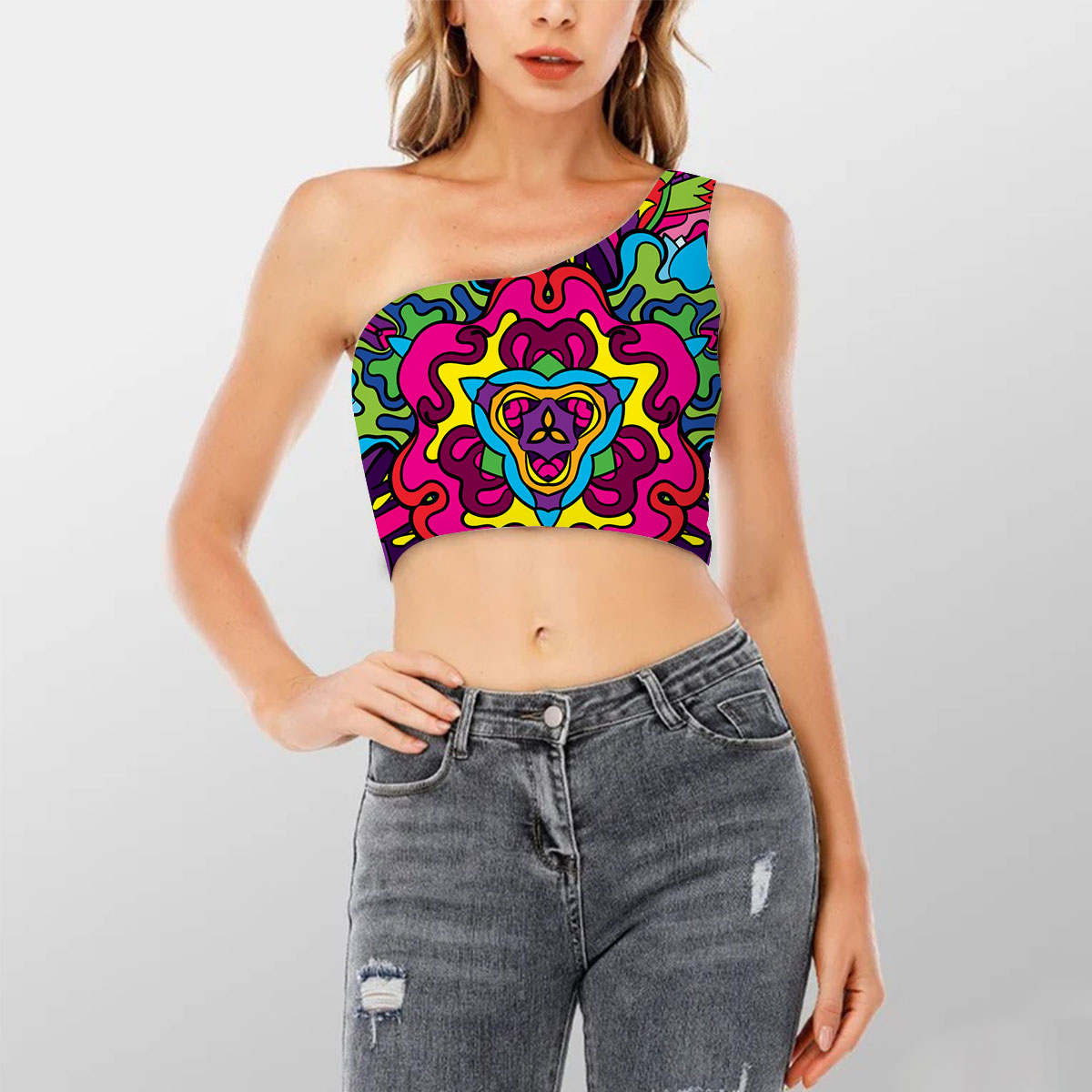 Psychedelic Hippie Shoulder Cropped Top_2_1