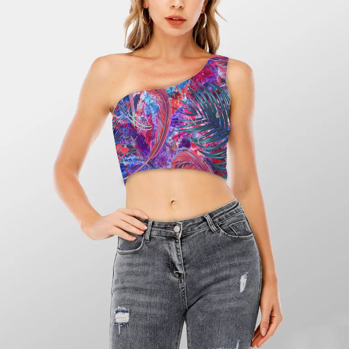 Psychedelic Orchid Shoulder Cropped Top_2_1