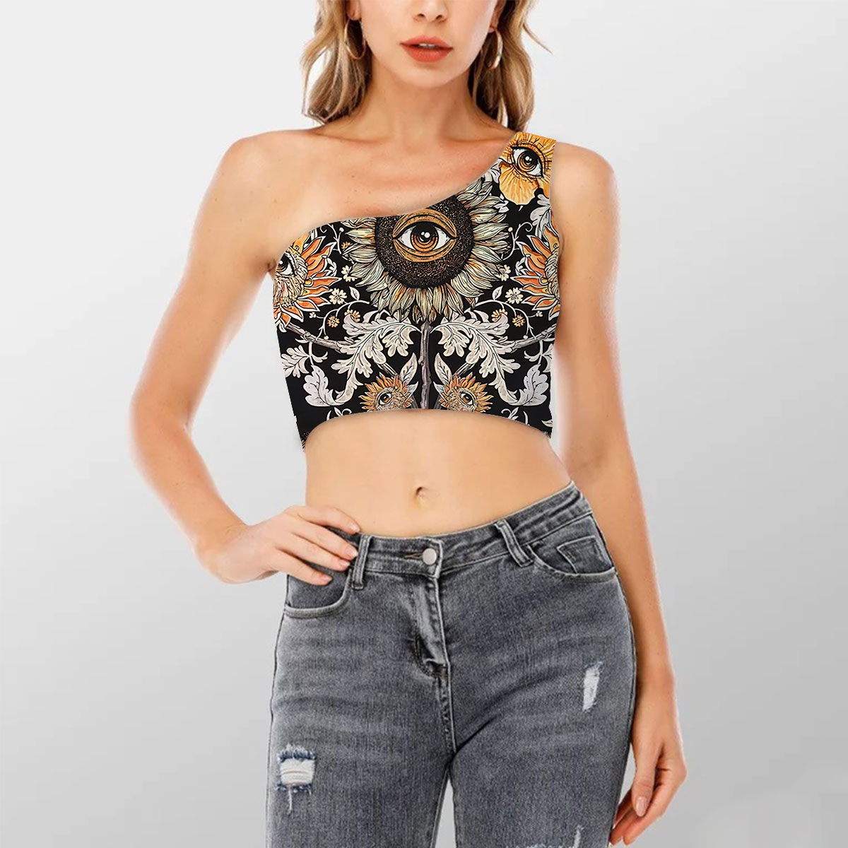 Psychedelic Sunflower Shoulder Cropped Top_2_1