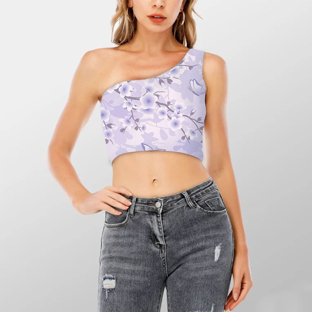 Purple Cherry Blossom Shoulder Cropped Top_2_1