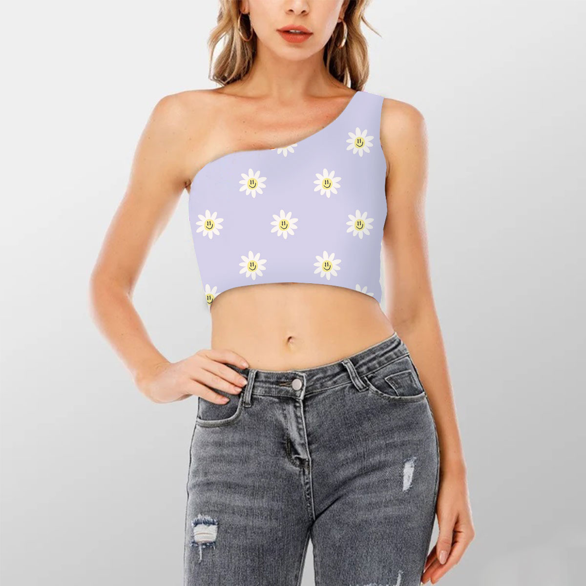 Purple Daisy Shoulder Cropped Top_2_1
