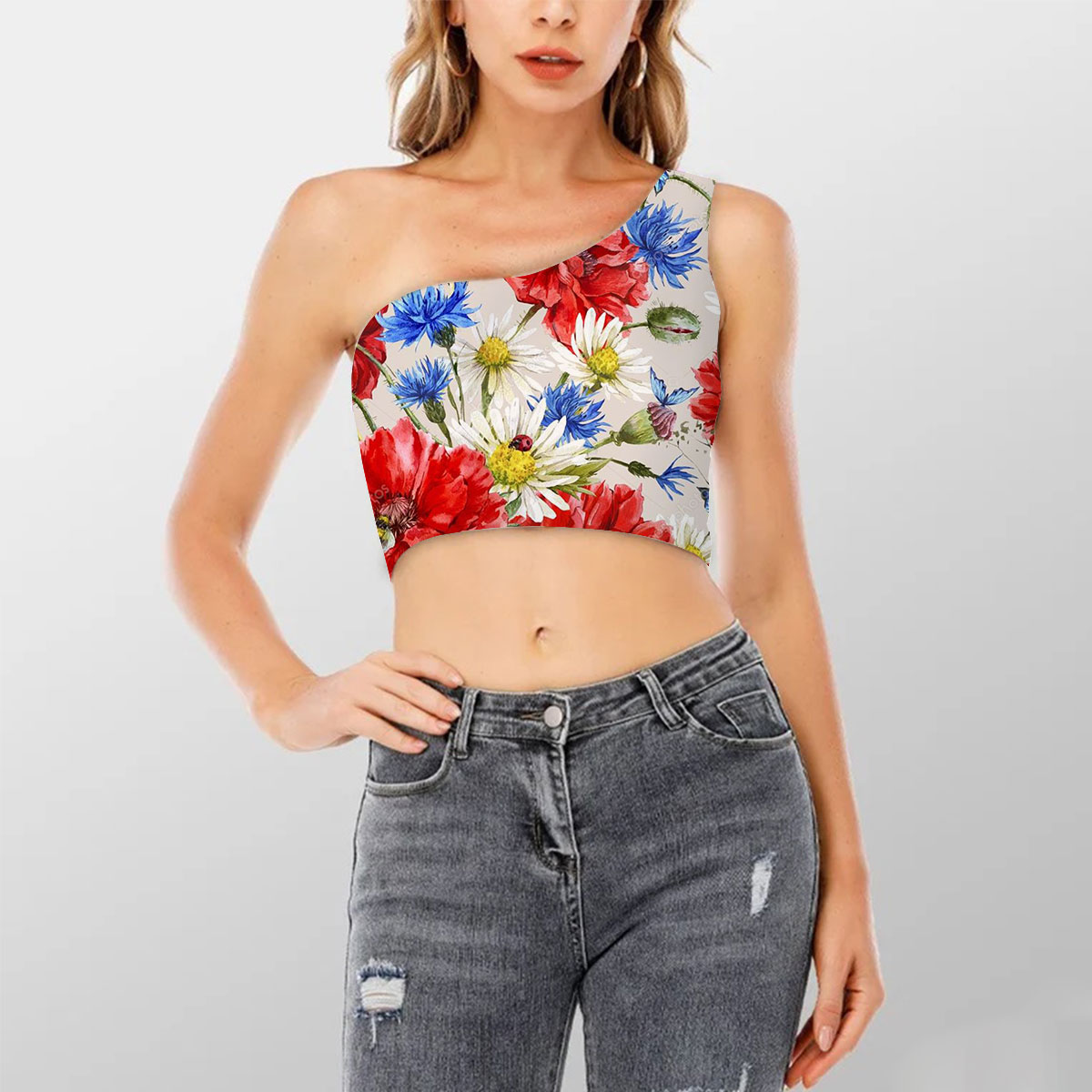 Red Poppy Daisy Shoulder Cropped Top_2_1