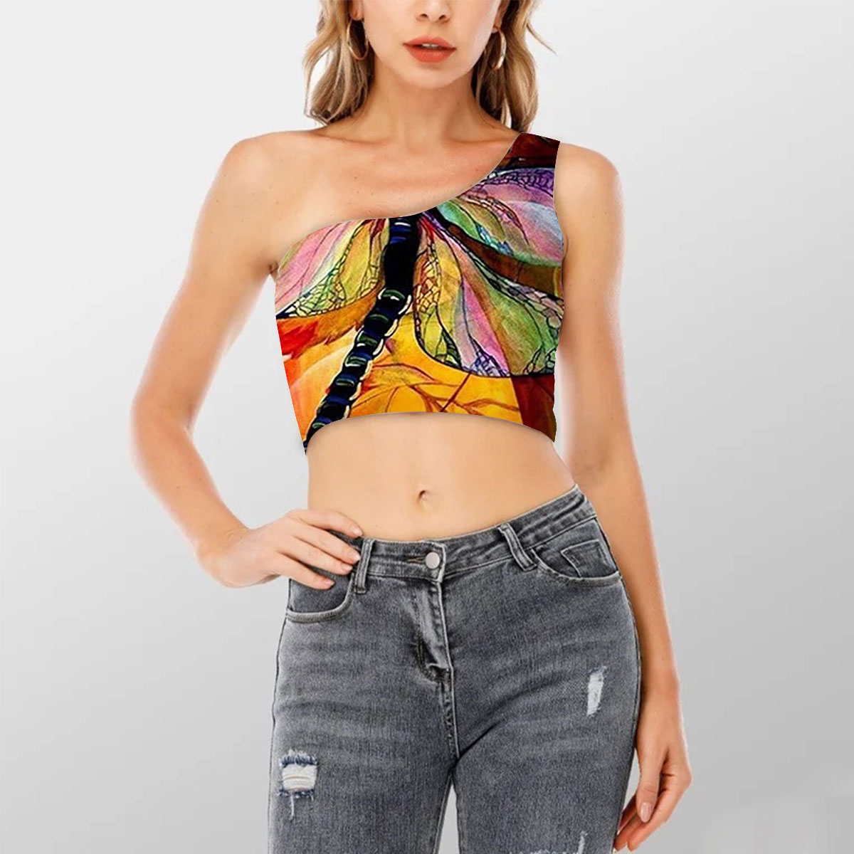 The Sunset Dragonfly Shoulder Cropped Top_2_1