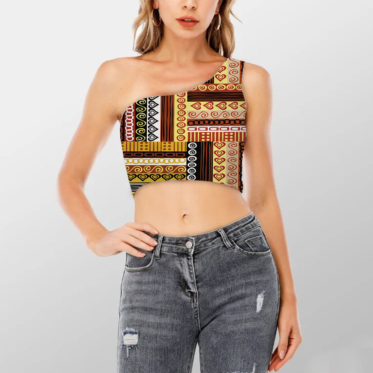 Traditional African Oriental Motifs Shoulder Cropped Top_2_1