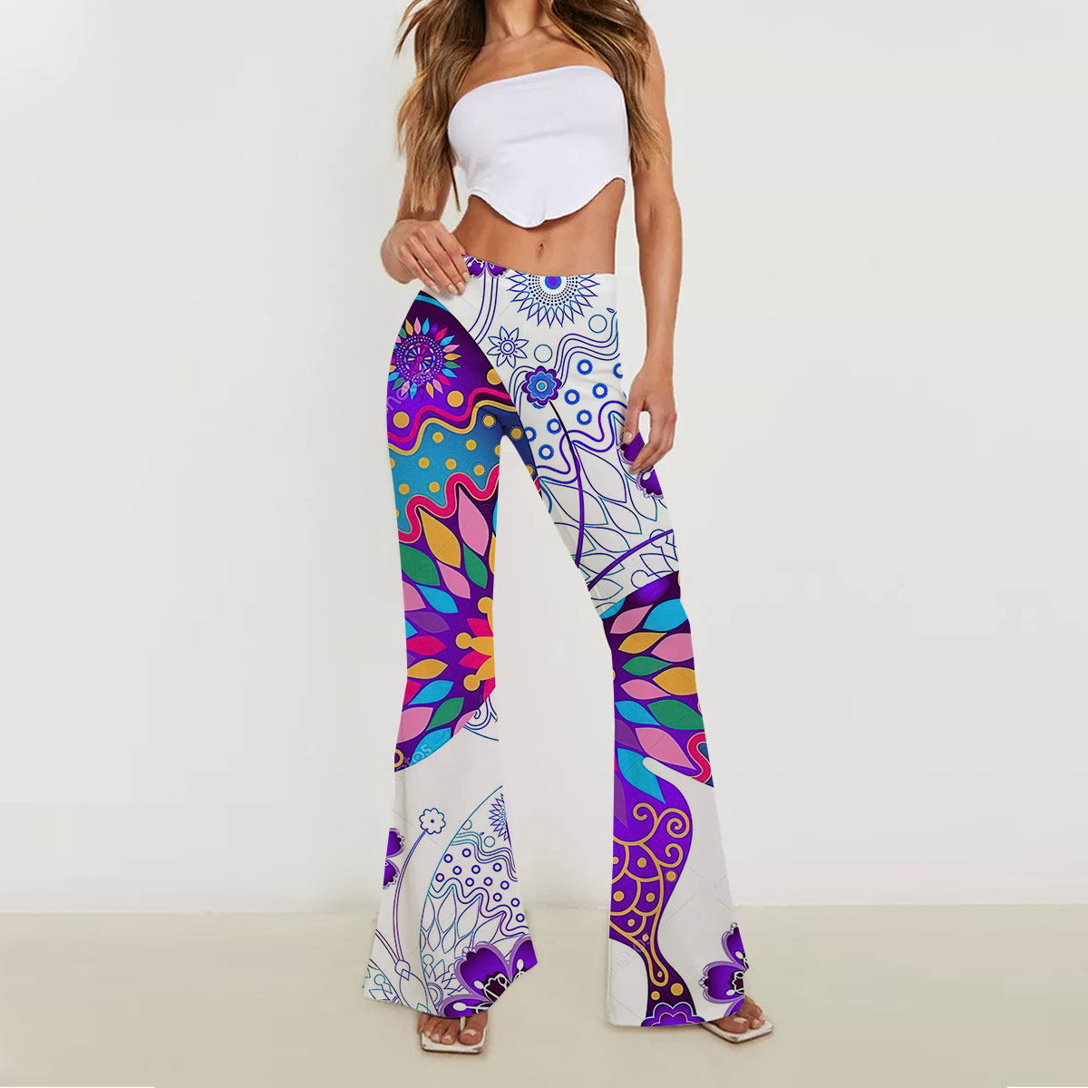Purple Flower And Butterfly Skinny Flare Pants_2_1