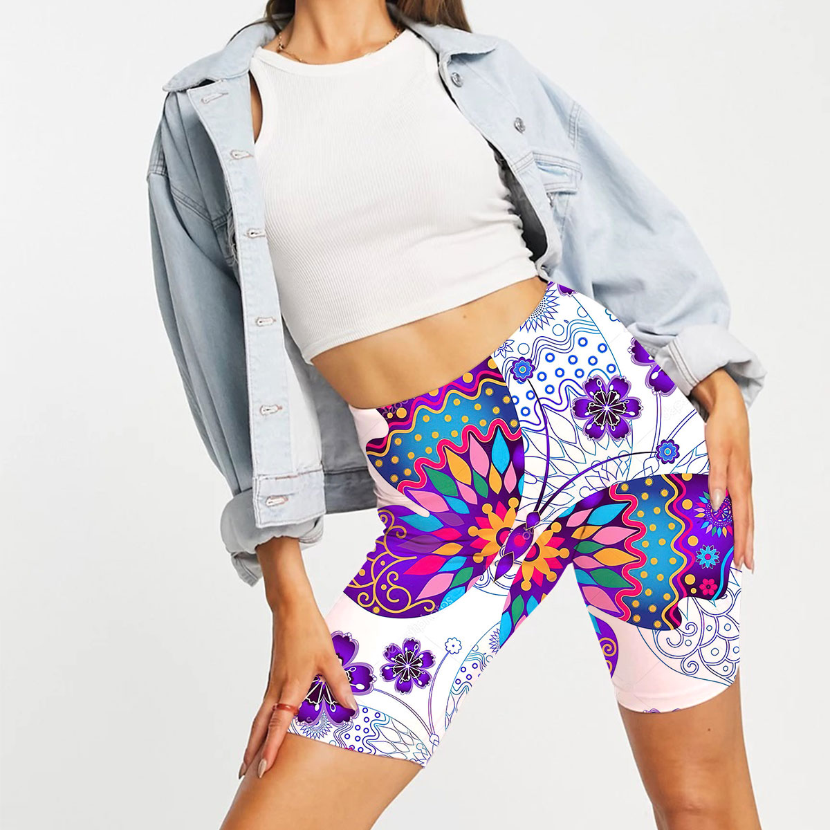 Purple Flower And Butterfly Casual Shorts_2_1