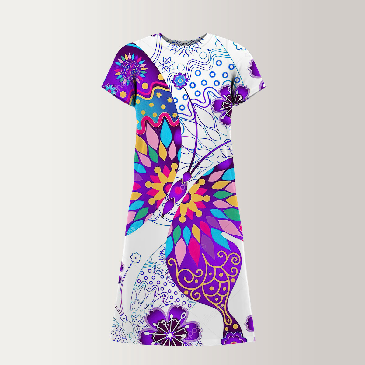 Purple Flower And Butterfly T-Shirt Dress_2_1