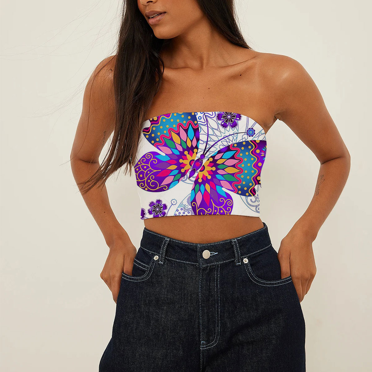 Purple Flower And Butterfly Tube Top_2_1