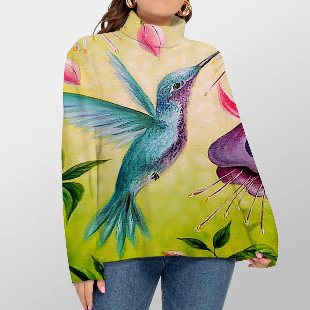 Humming Bird And Flower Turtleneck Sweater_2_1