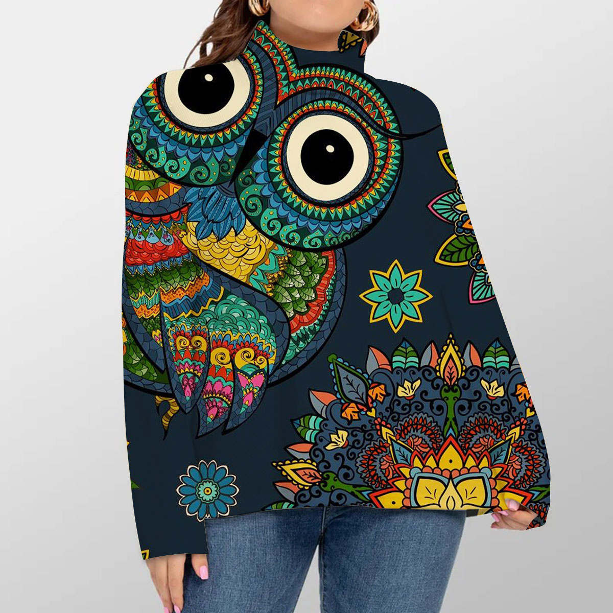 Mandala Blue Owl Turtleneck Sweater_2_1