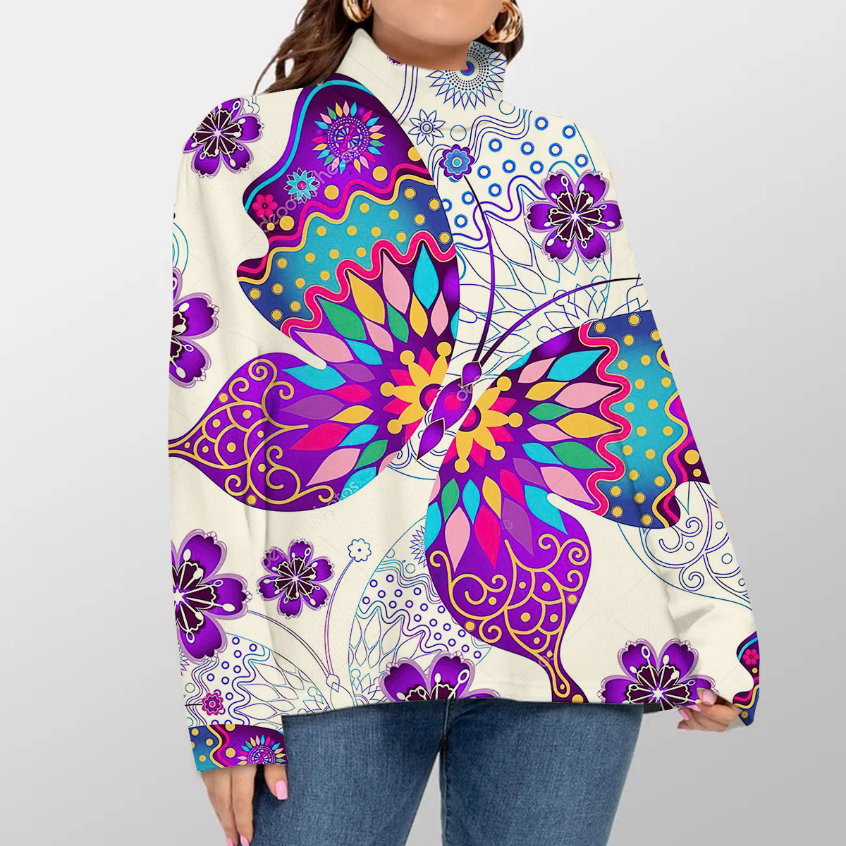 Purple Flower And Butterfly Turtleneck Sweater_2_1