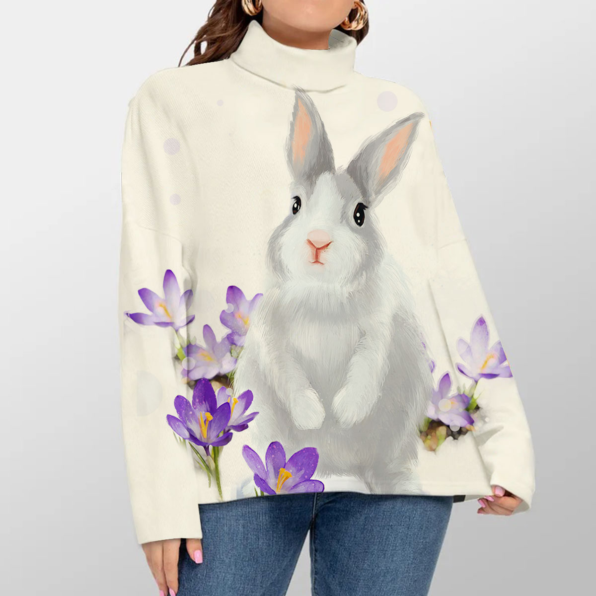Purple Flower Rabbit Turtleneck Sweater_2_1