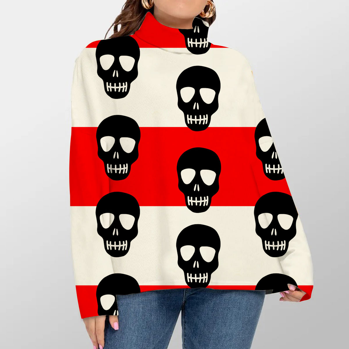 Red Stripe Skull Turtleneck Sweater_2_1