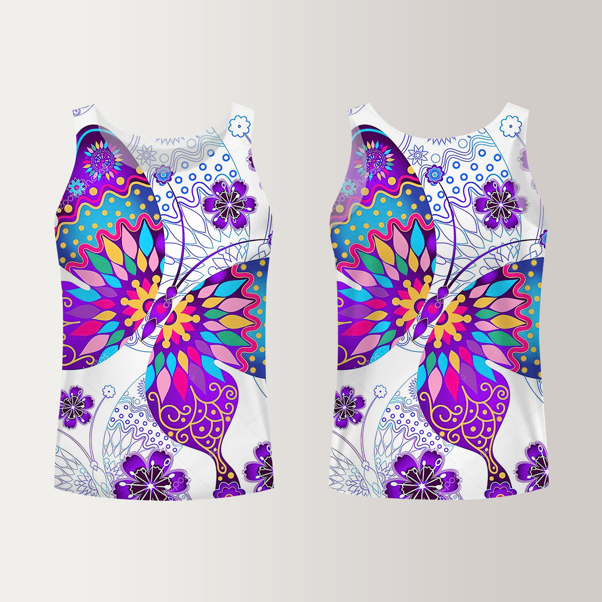 Purple Flower And Butterfly Unisex Tank Top_2_1