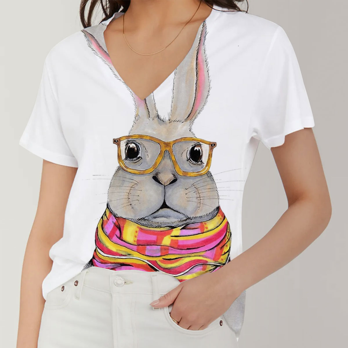 Hipster Bunny V-Neck Women's T-Shirt_2_1