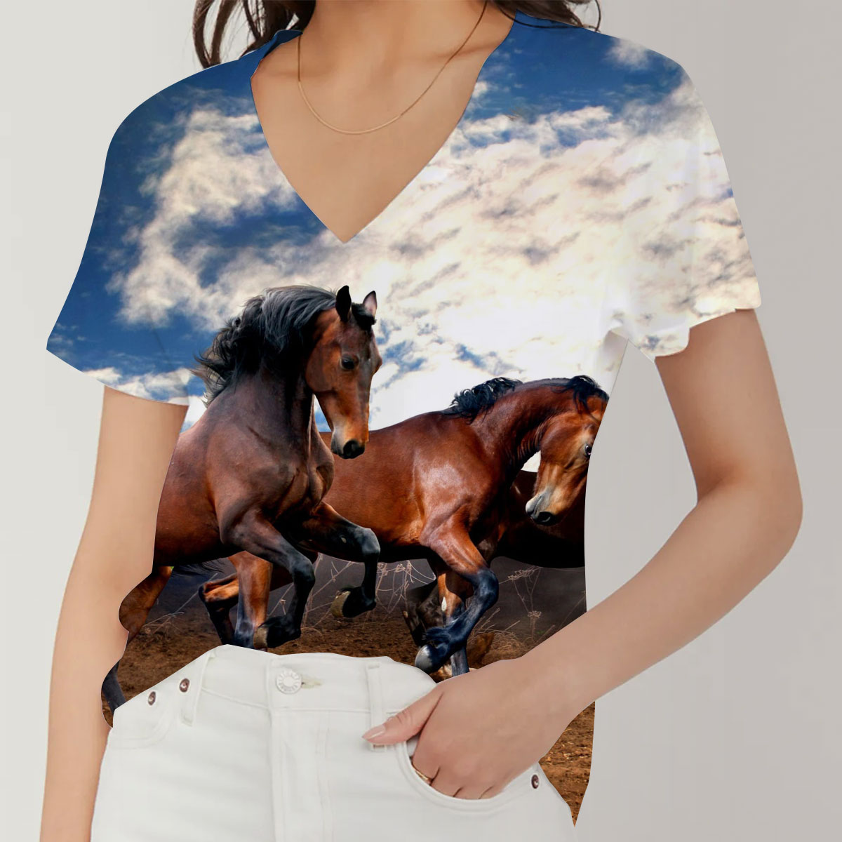 Horse Running On The Mountain V-Neck Women's T-Shirt_2_1